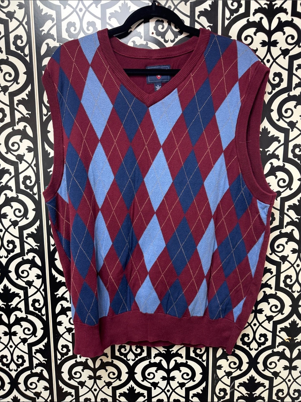 Saddlebred Burgundy, Light Blue & Navy Argyle V-Neck Sweater Vest